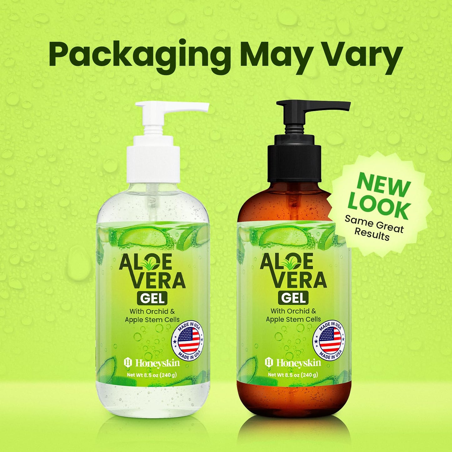 Side profile of 8 Fluid Ounce Honeyskin aloe vera bottle