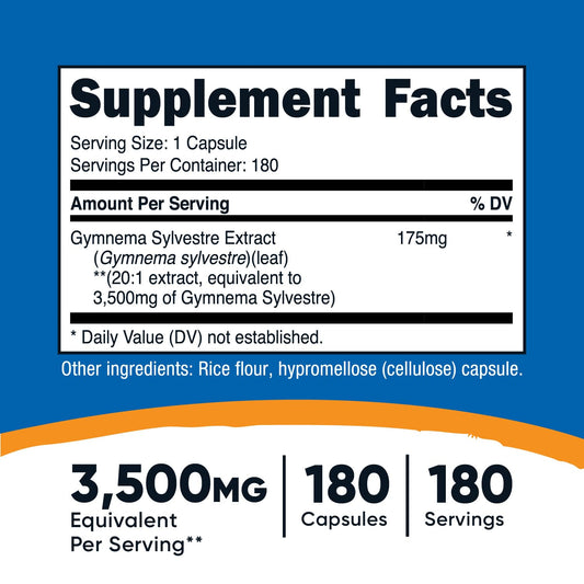 Nutricost Gymnema Sylvestre 3500mg supplement facts panel detailing high potency twenty to one leaf extract