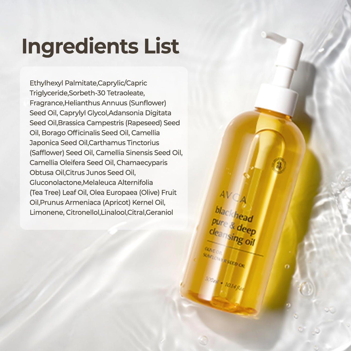 Back label of AVCA cleansing oil showing ingredients