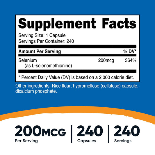 Nutricost Selenium antioxidant supplement showing L-Selenomethionine serving facts and ingredient details