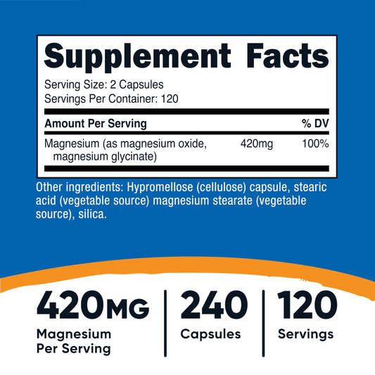 Nutricost Magnesium dual blend supplement facts label showing oxide and glycinate ingredients