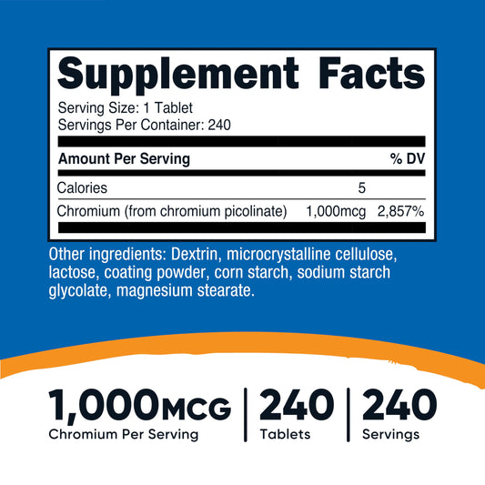Side angle view of Nutricost Chromium 1000 mcg dietary supplement detailing non GMO and gluten free certifications.