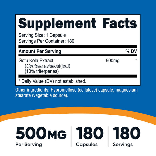 Nutricost Centella asiatica 180 vegetarian capsules supplement facts label side