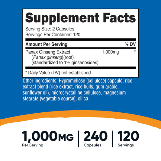 Nutricost Panax Ginseng 1000mg capsules bottle label details