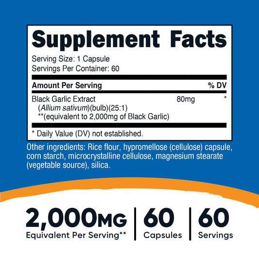 Nutricost Aged Black Garlic 25:1 extract supplement bottle displaying serving size and dietary facts.