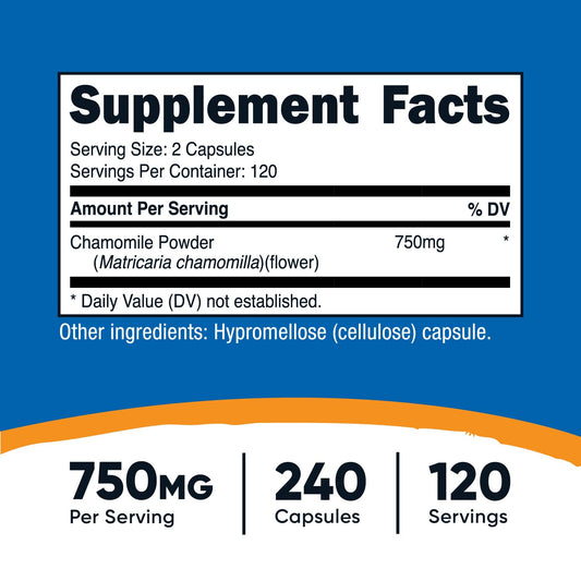 Nutricost Chamomile herbal supplement supplement facts panel showing ingredient dosage and servings