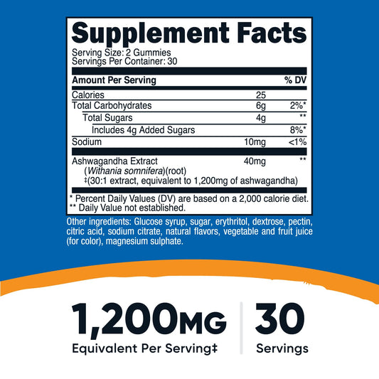 Nutricost Ashwagandha 1200mg equivalent vegetarian gummies supplement facts label view