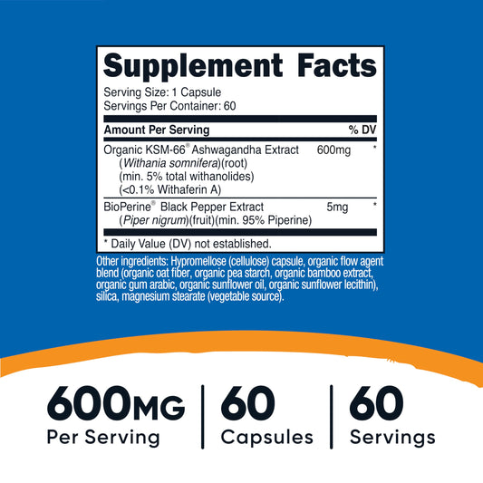 Side angle of Nutricost KSM-66 Ashwagandha root extract 60 veggie capsules showing the product description and premium quality manufacturing seals.