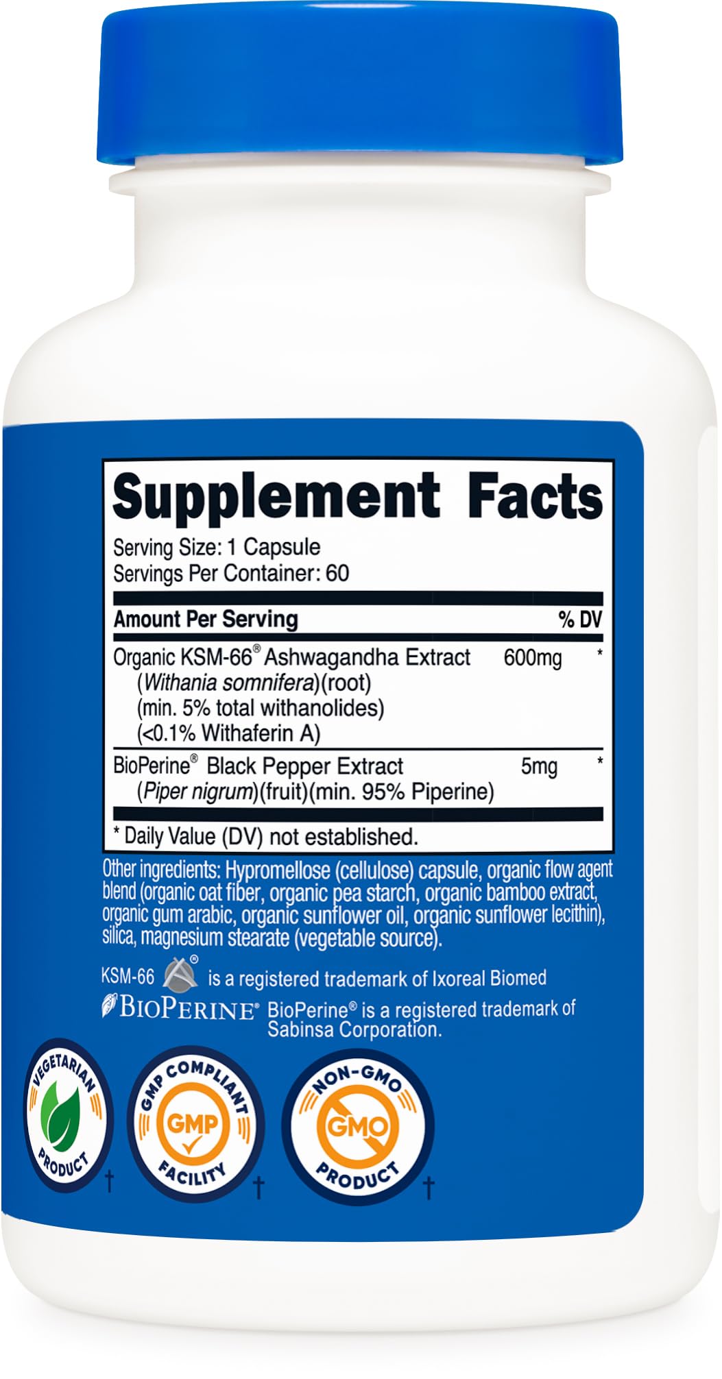 Nutricost KSM-66 Ashwagandha 60 veggie capsules package showing the standardized 5% withanolides specification for high-potency adaptogenic support.