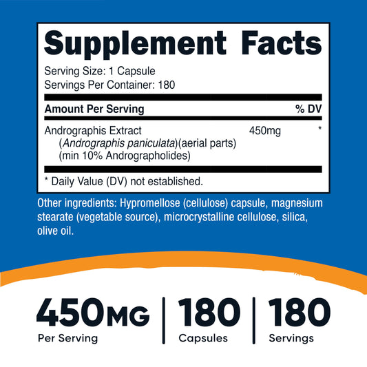 Nutricost Andrographis Extract 450mg side view showing ingredients, serving sizes, and non-GMO certification details.