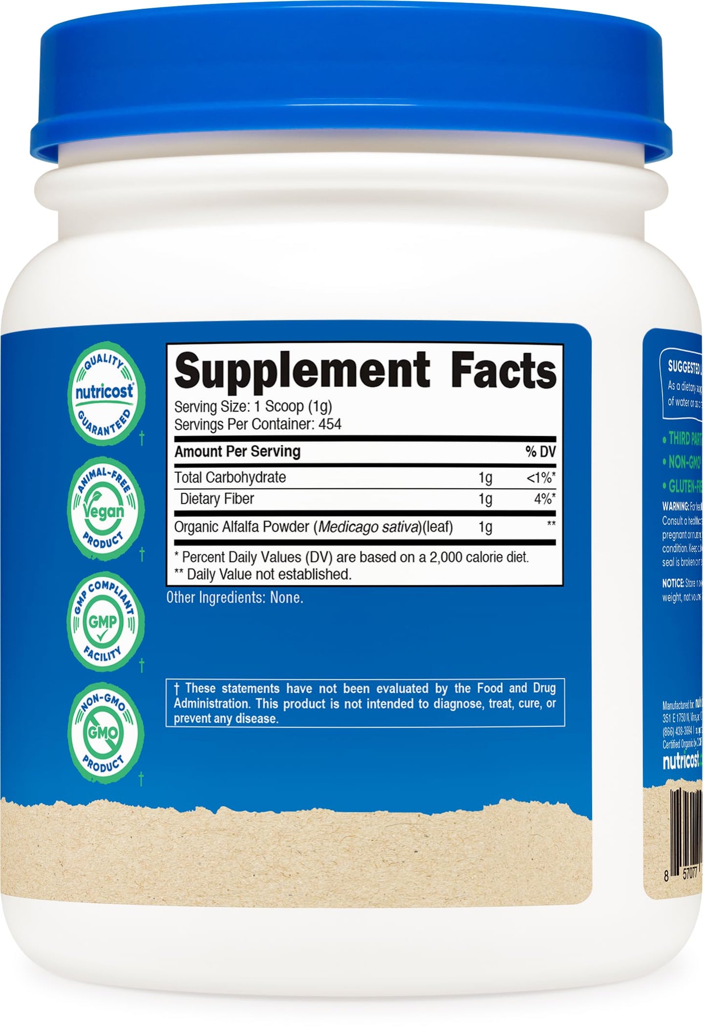 Nutricost 1 pound alfalfa powder supplement nutritional information