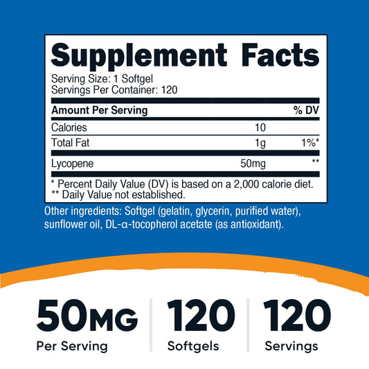 Nutricost Lycopene 50mg supplement facts label displaying ingredients and serving size details