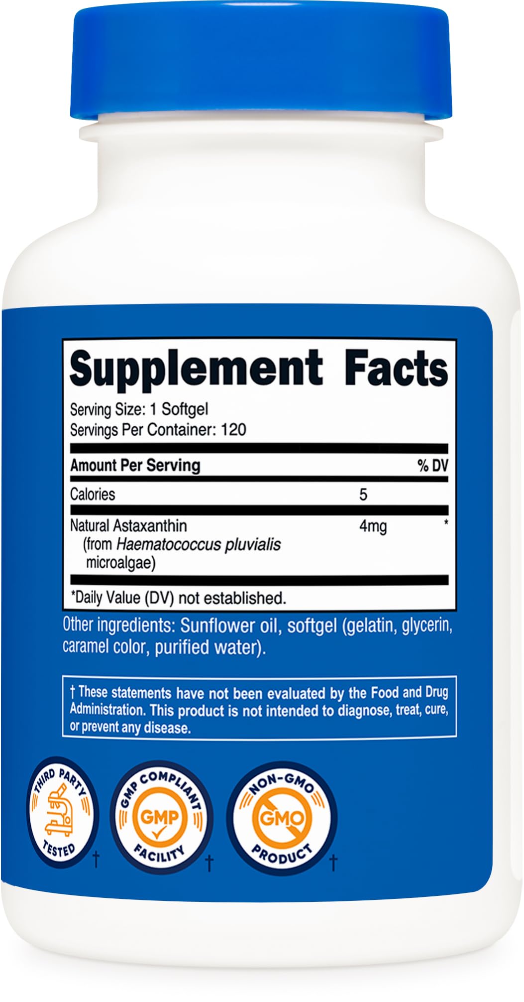 Nutricost Astaxanthin 4mg supplement facts panel detailing pure ingredients and standard dosage