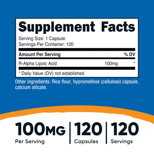 Nutricost R-ALA 100mg supplement label detailing the clean non-GMO and gluten-free formulation facts.