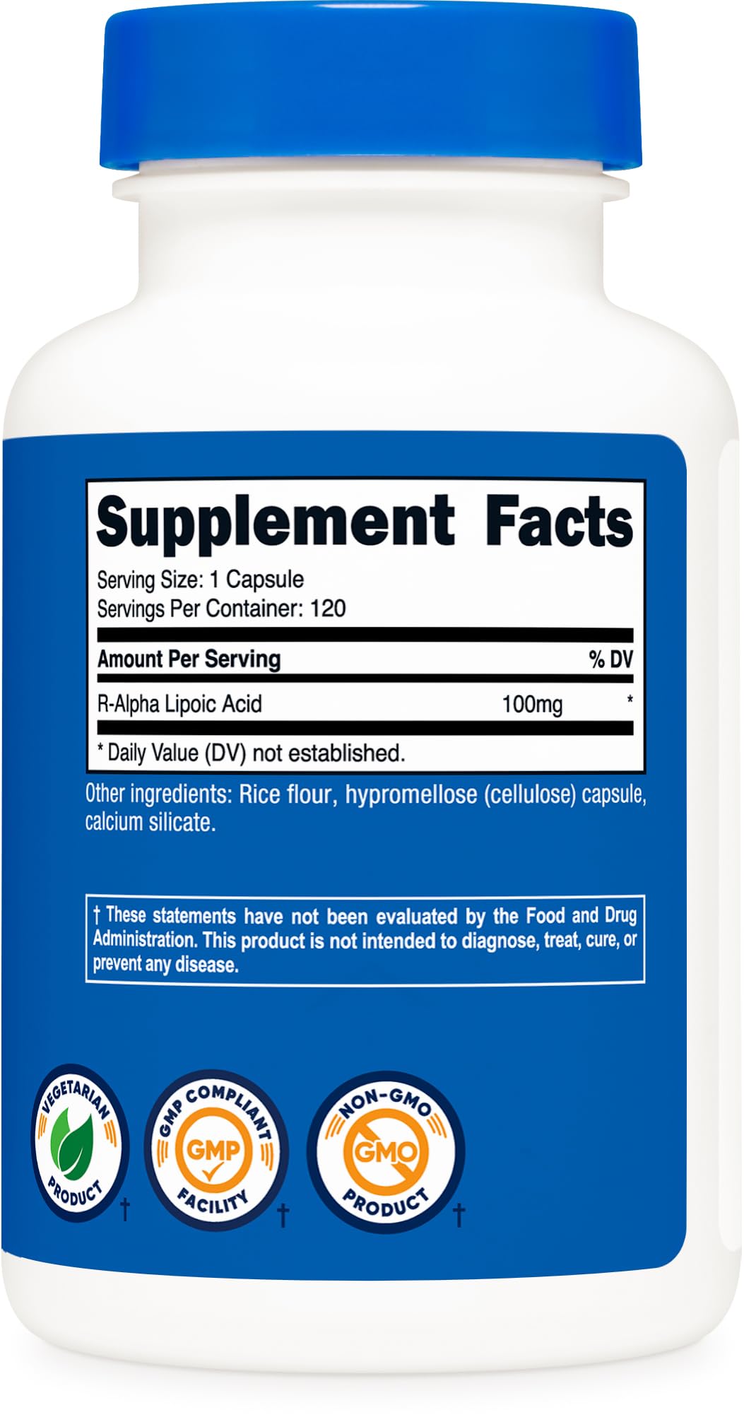 Nutricost R-Alpha Lipoic Acid 100mg dietary supplement showcasing authentic product sealing and barcode for verification.
