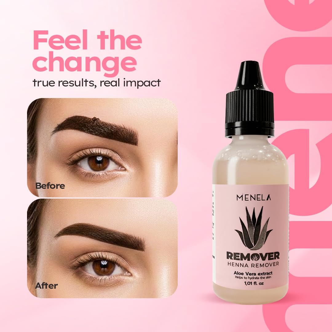 Menela professional eyebrow corrector packaging displaying the soothing aloe vera formulation benefits.