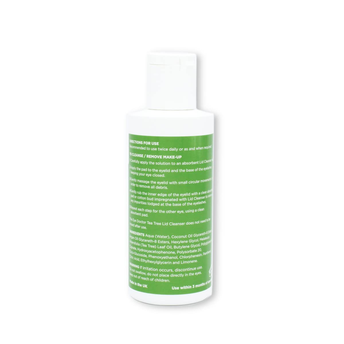 The Eye Doctor lid cleanser 100ml bottle side view showcasing the fragrance free label.
