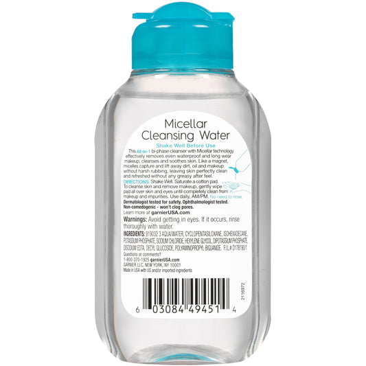 Garnier waterproof micellar water 3.4 fluid ounce travel size packaging