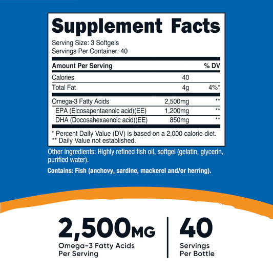 Nutricost Omega 3 dietary supplement softgels container showing nutritional facts and EPA DHA dosage details