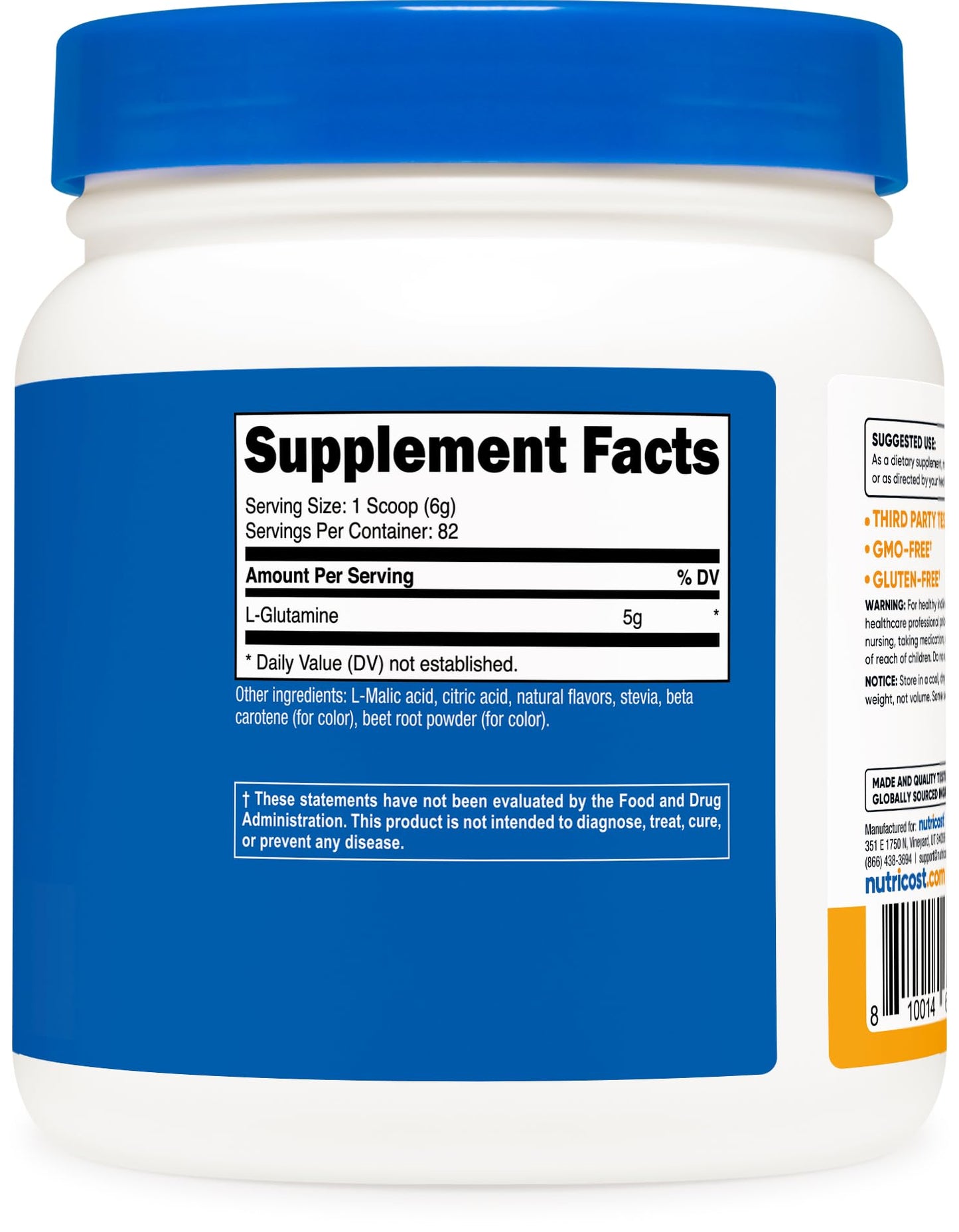 Nutricost premium fitness dietary supplement jar displaying ingredients and directions.