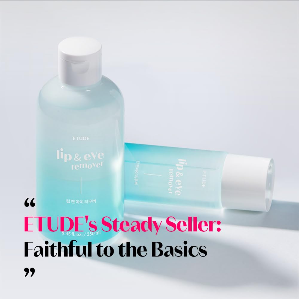 ETUDE Lip And Eye Remover product display illustrating the clear water phase and blue tinted oil phase