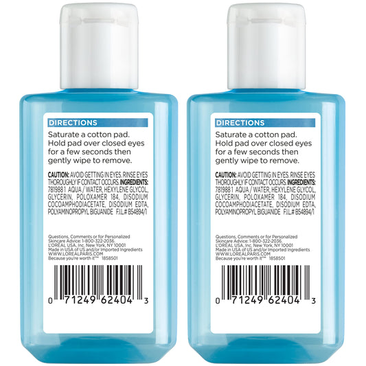 L'Oreal Paris sensitive eyes makeup remover liquid bottles showcasing the clear blue oil-free formula.