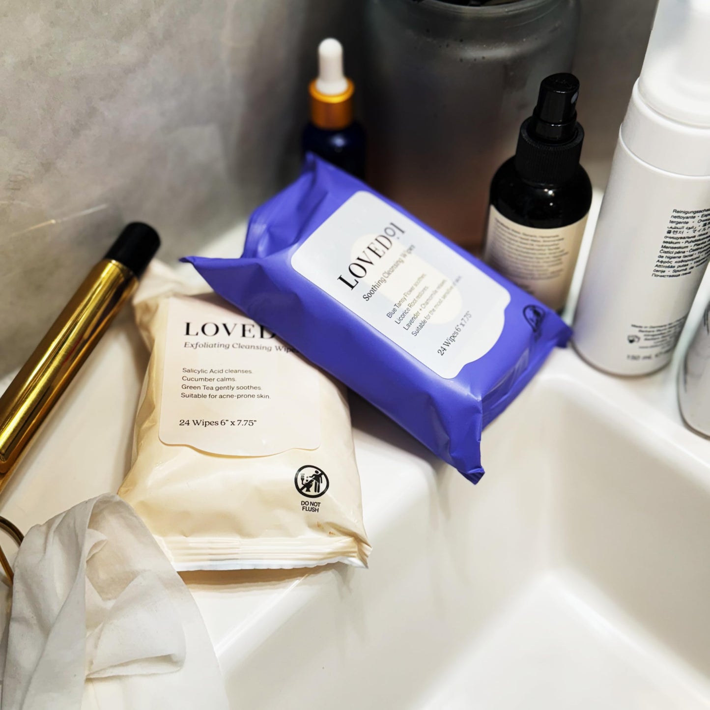 Loved01 face and body wipes bundle presentation showcasing authentic imported USA skincare aesthetics.