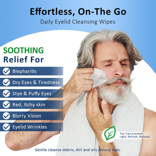Individually wrapped tea tree oil eyelid wipes for daily hygiene