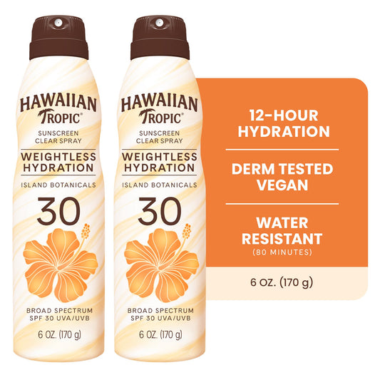 Hawaiian Tropic SPF 30 spray bottles showing broad spectrum protection label