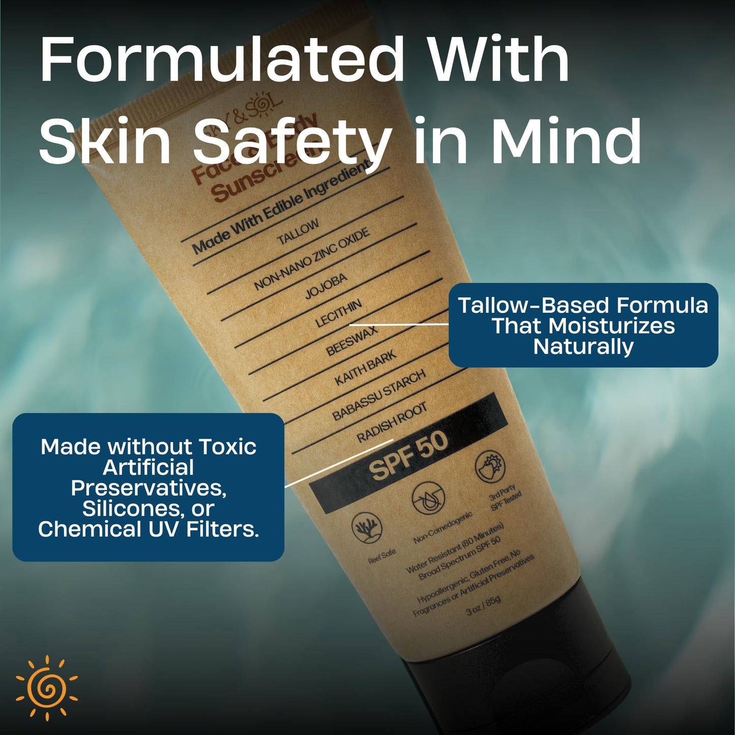 Back view of Sky and Sol sunscreen tube with ingredients