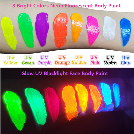 Go Ho fluorescent green makeup wand glowing vividly under dark ultraviolet party lighting conditions.