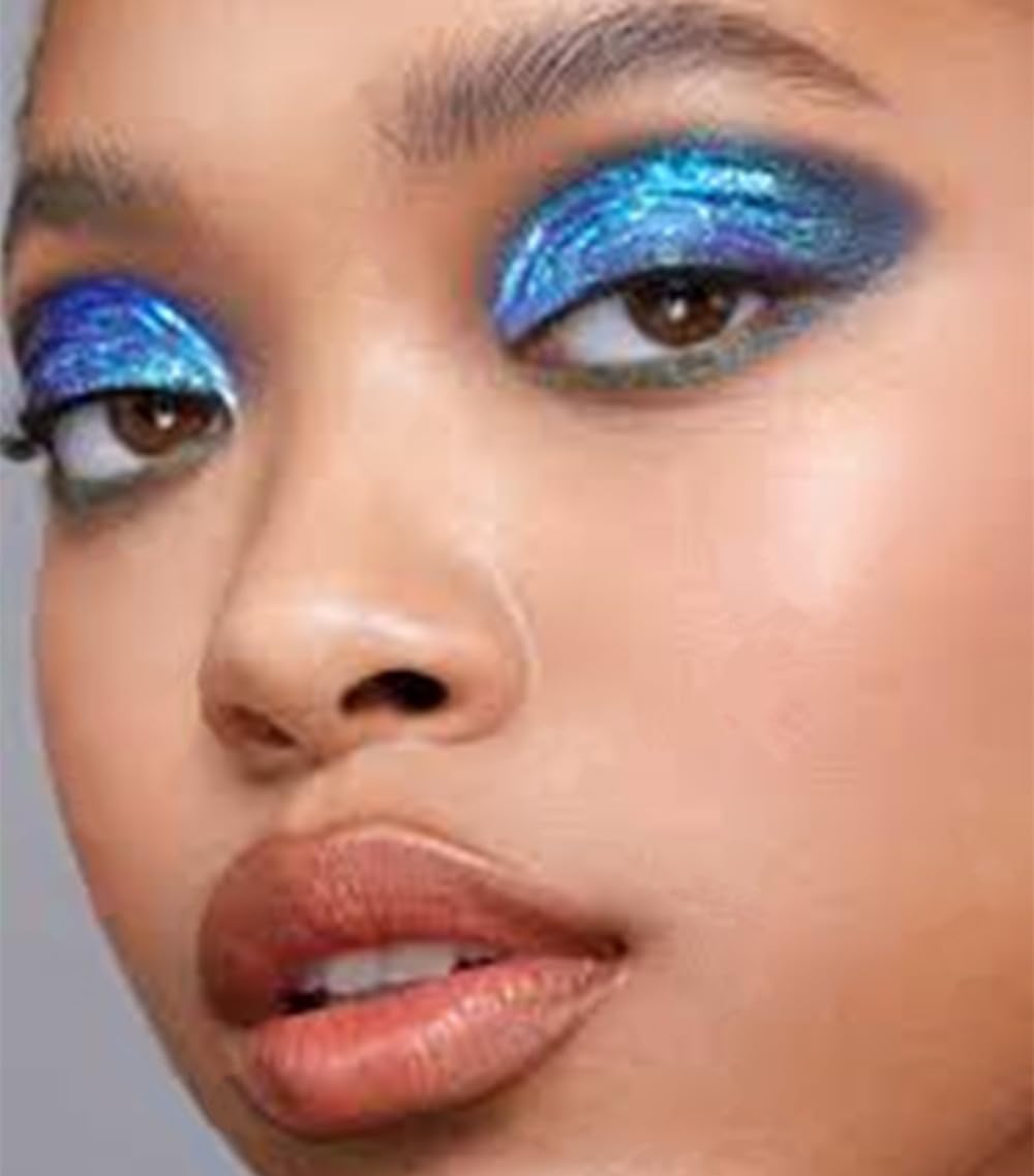 Festival party makeup styling look using Go Ho blue holographic body glitter spray
