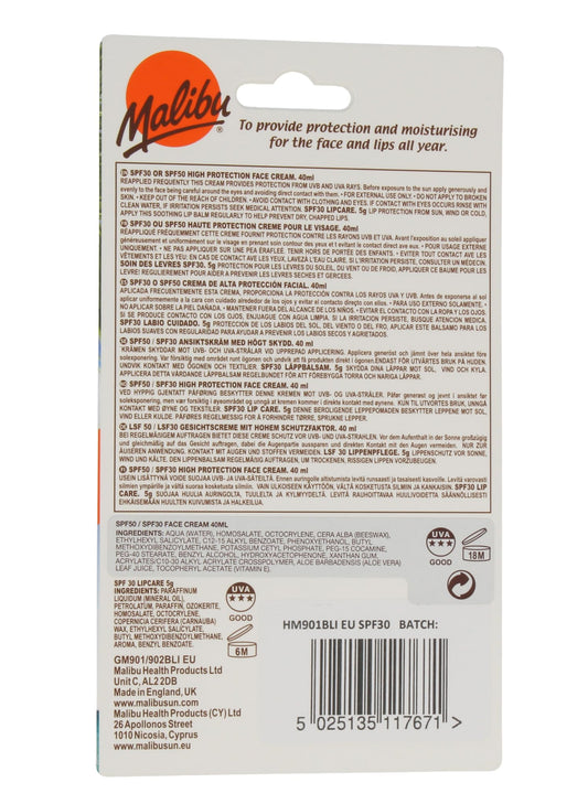 Malibu SPF 30 face cream and lip balm packaging