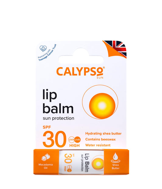 Calypso lip balm stick with SPF 30 label
