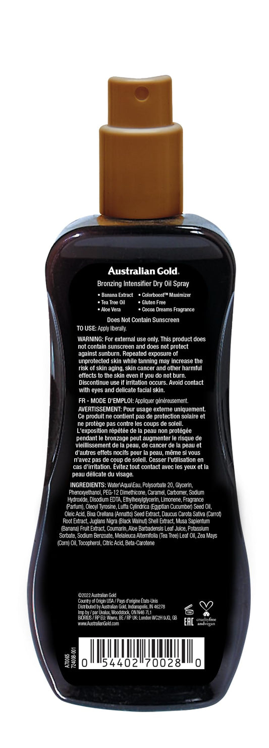 Australian Gold dry oil spray bottle showing tanning results