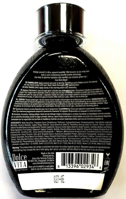 Dolce Vita premium dark tanning lotion showing back label ingredients and usage directions.