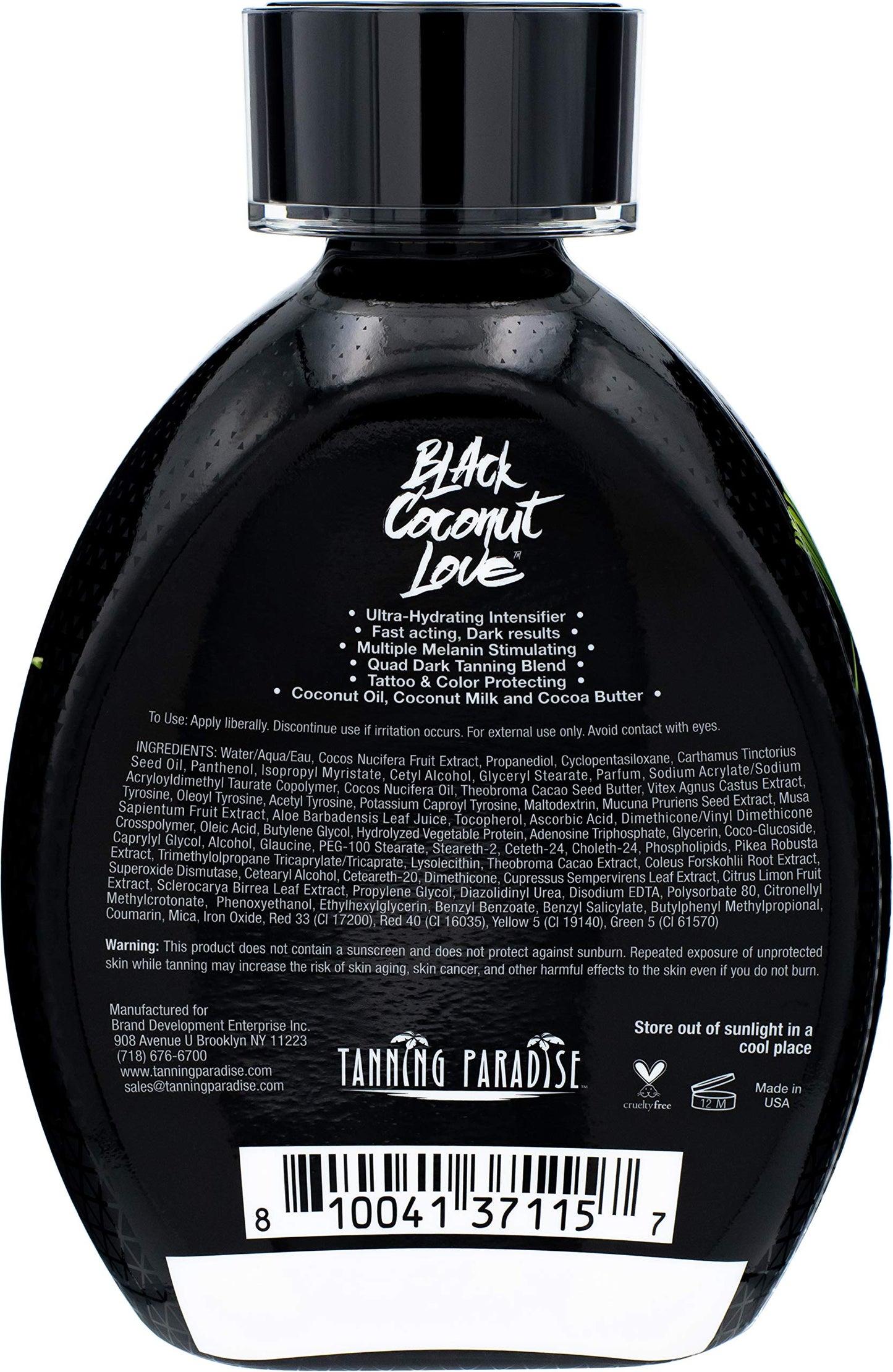 Tanning Paradise Black Coconut Love 13.5 Fluid Ounce bottle packaging details.