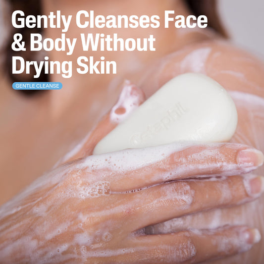 Cetaphil soap-free face and body cleanser bar showing product details and dermatologist recommended logo