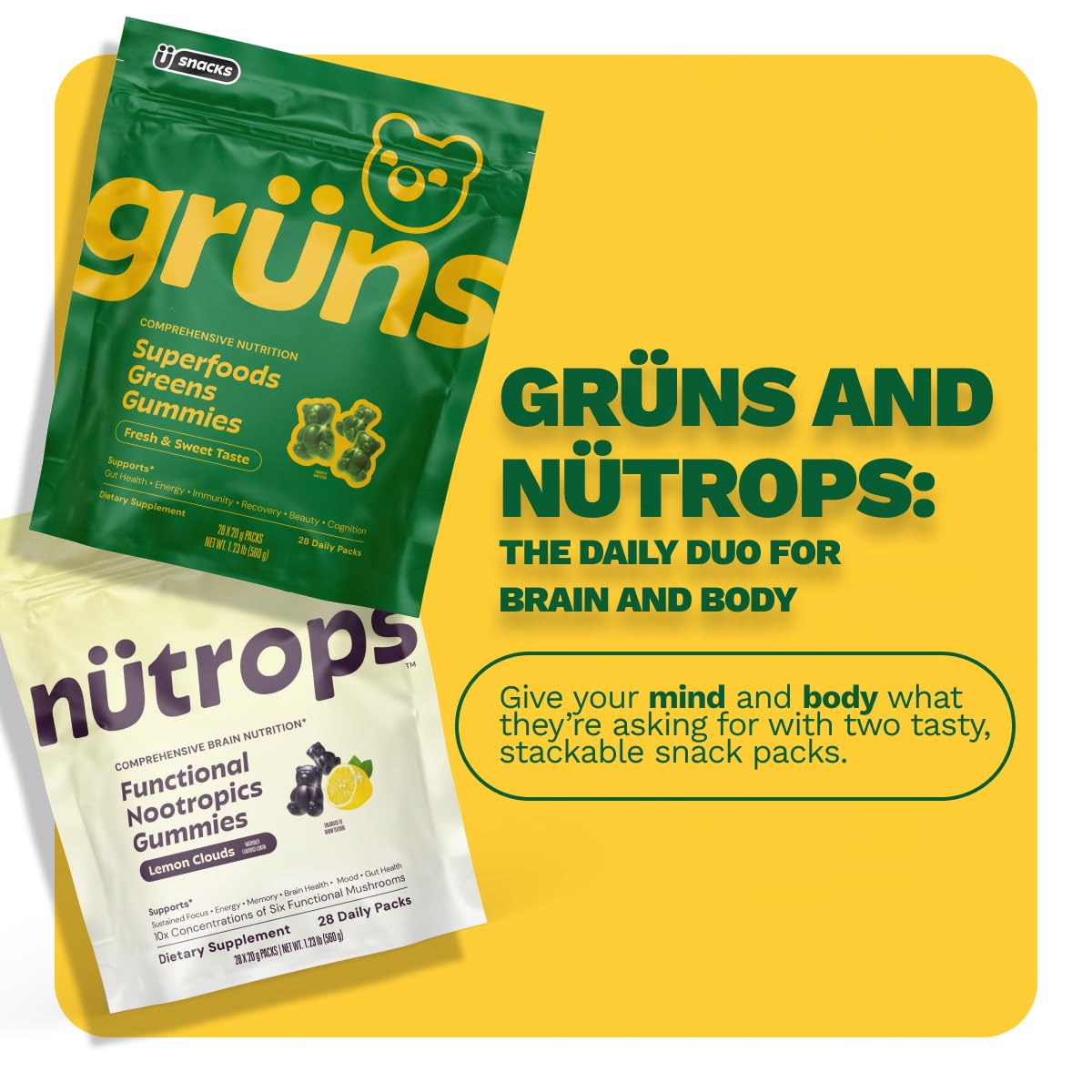 Grüns Nutrops adaptive wellness gummies full daily routine kit view.