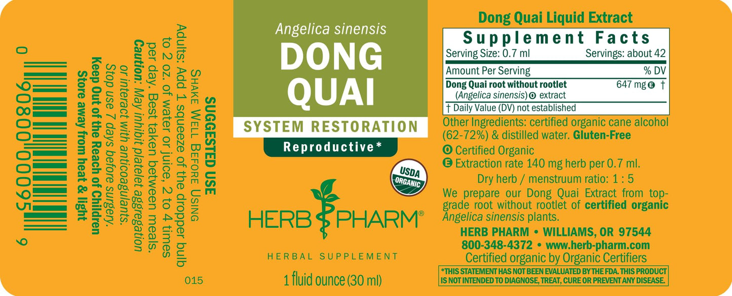 Authentic USA imported Herb Pharm Dong Quai bottle showing batch code and expiration details.
