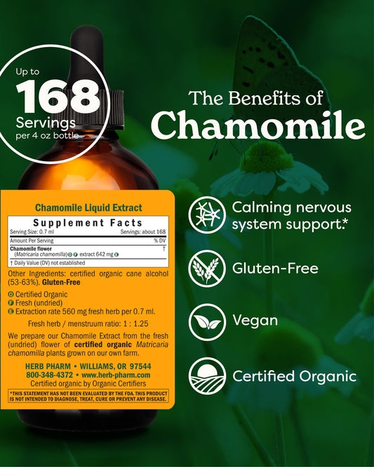 Herb Pharm organic chamomile tincture showing the dropper bulb and liquid supplement consistency.