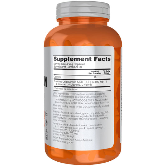 NOW Sports BCAA 240 veg capsules supplement facts and ingredients.