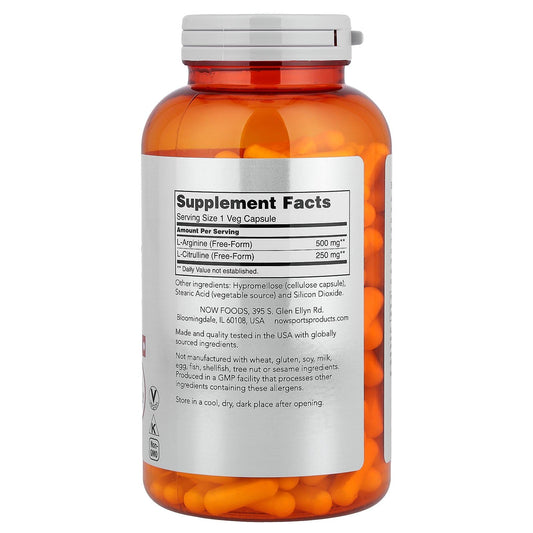 Now Foods Arginine and Citrulline 240 capsule bottle label