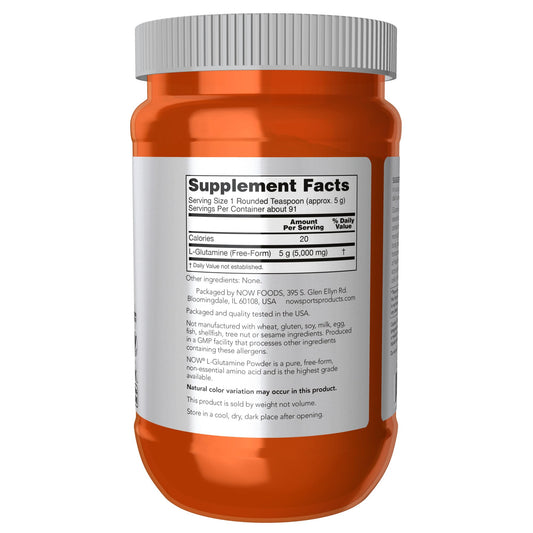Side view of NOW Sports L-Glutamine powder container emphasizing the non-GMO and steroid-tested quality seals.