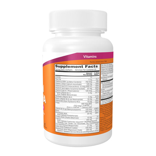 Side angle of NOW Foods prenatal multivitamin bottle showing dietary supplement facts and serving size information.