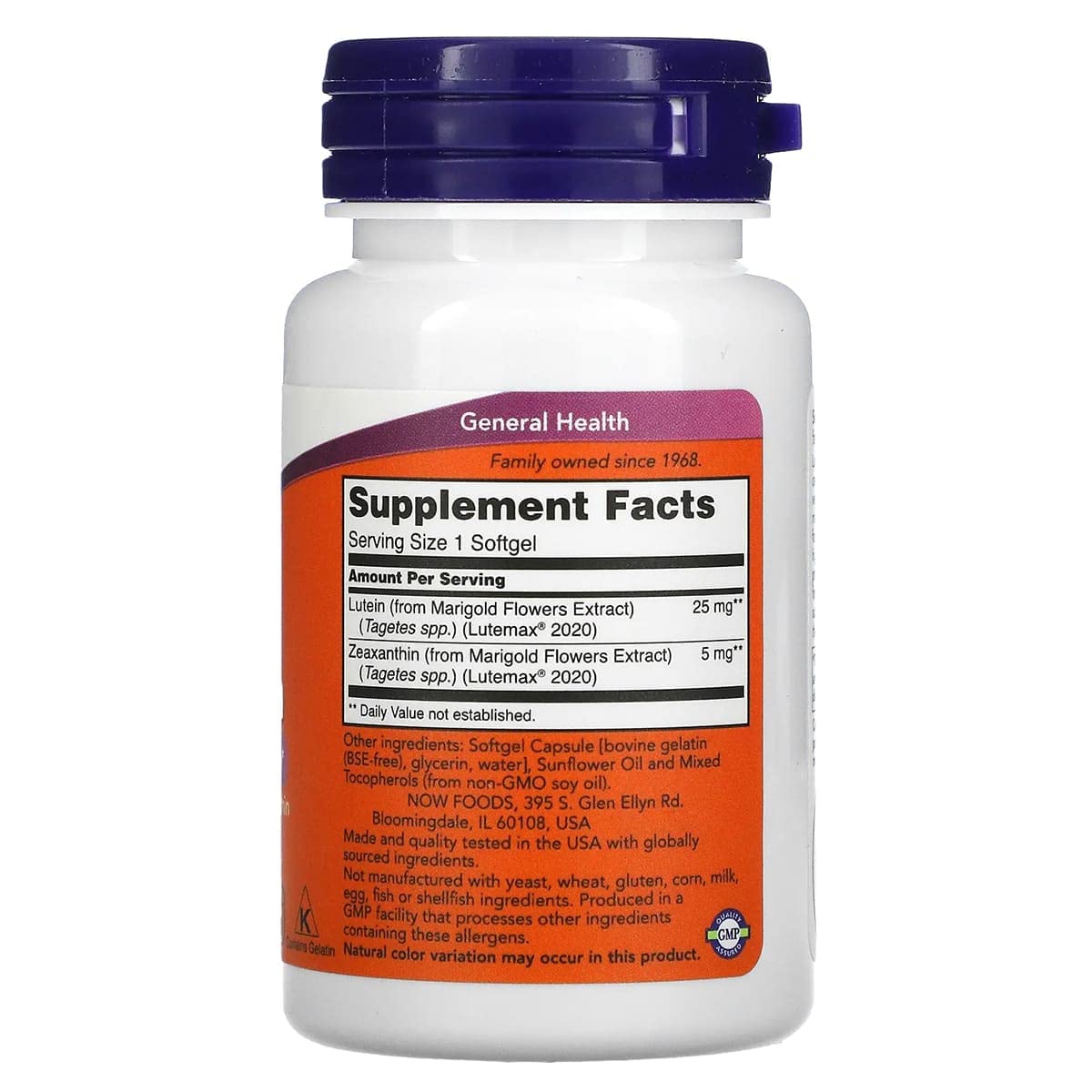 Now Foods Lutein and Zeaxanthin softgels label showing ingredients