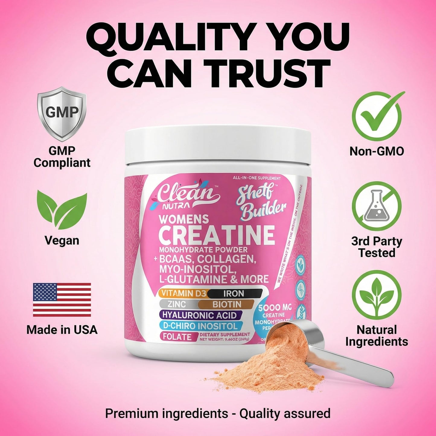 Clean Nutra Shelf Builder Creatine 9.5 Ounce Packaging Back