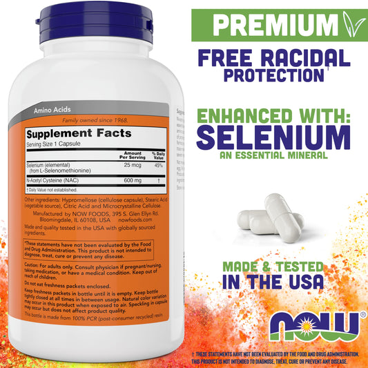 NOW Foods N-Acetyl Cysteine with Selenium bottle ingredients and supplement facts panel