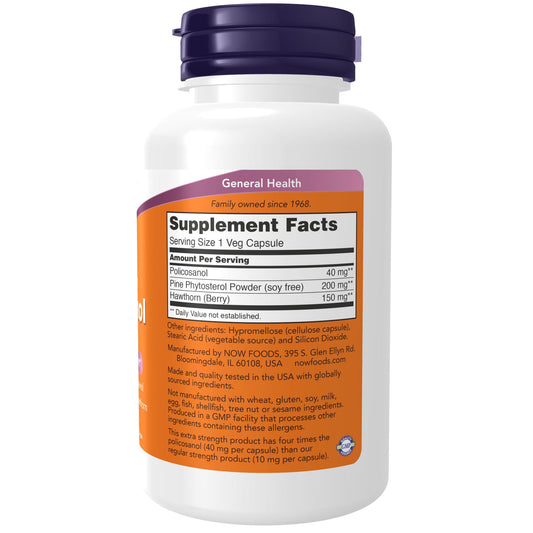 NOW Foods Policosanol 40mg supplement facts label showing plant sterols and hawthorn berry ingredients