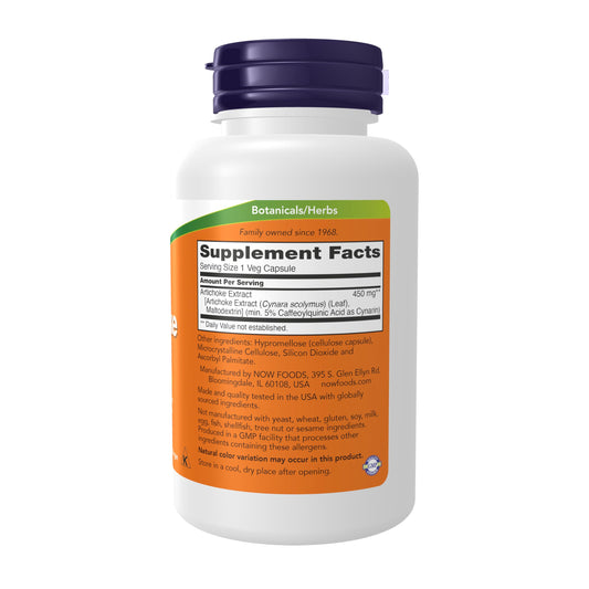 NOW Foods Artichoke Extract supplement label showing standardized five percent cynarin dosage information.